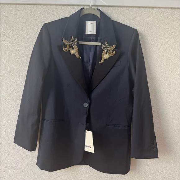 Sandro Paris Navy Blue Tailored Jacket With Jeweled Patches - Picture 2 of 6